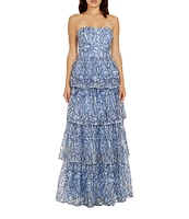 Dress the Population Aubriella Strapless Bustier Bodice Tiered Embroidered Floral Mesh Aline Gown