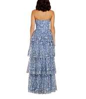 Dress the Population Aubriella Strapless Bustier Bodice Tiered Embroidered Floral Mesh Aline Gown