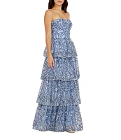Dress the Population Aubriella Strapless Bustier Bodice Tiered Embroidered Floral Mesh Aline Gown