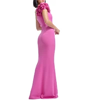 Dress the Population Aubrielle 3D Floral Asymmetrical Neck One Shoulder Short Sleeve Side Slit Gown