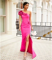 Dress the Population Aubrielle 3D Floral Asymmetrical Neck One Shoulder Short Sleeve Side Slit Gown