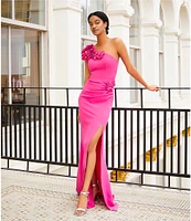 Dress the Population Aubrielle 3D Floral Asymmetrical Neck One Shoulder Short Sleeve Side Slit Gown