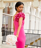 Dress the Population Aubrielle 3D Floral Asymmetrical Neck One Shoulder Short Sleeve Side Slit Gown