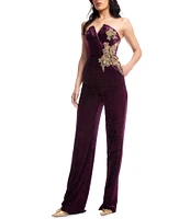 Dress the Population Beck Velvet Strapless V-Neck Sleeveless Wide Leg Beaded Jumpsuit