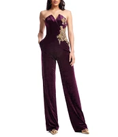 Dress the Population Beck Velvet Strapless V-Neck Sleeveless Wide Leg Beaded Jumpsuit