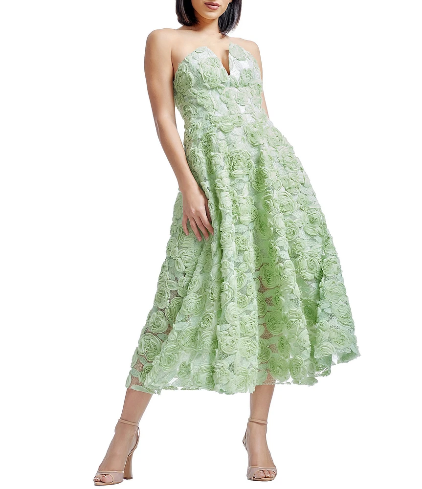 Dress the Population Briella Soutache Rosette Strapless Neck Sleeveless A Line Midi Dress