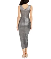 Dress the Population Britt Metallic Jersey V-Neck Sleeveless Ruched Sheath Dress