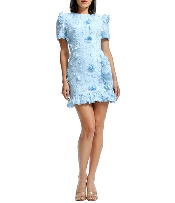 Dress the Population Brittany 3D Flower Embroidered Crew Neck Short Sleeve Ruffle Faux Wrap A-Line Mini Dress