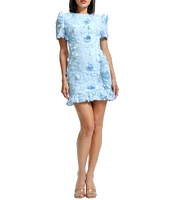 Dress the Population Brittany 3D Flower Embroidered Crew Neck Short Sleeve Ruffle Faux Wrap A-Line Mini Dress