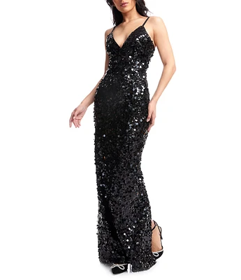 Dress the Population Cammie Sequin Plunge V-Neck Back Slit Bodycon Gown