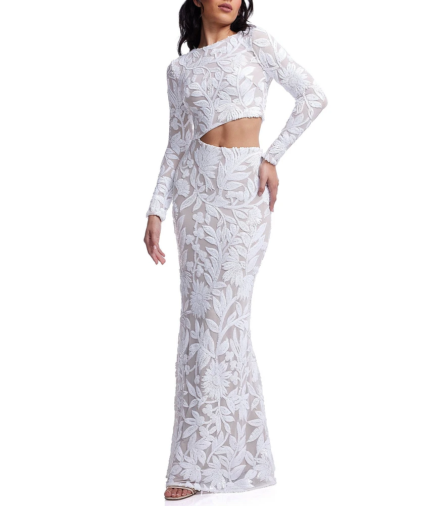 Dress the Population Candace Floral Sequin Mesh Round Neck Long Sleeve Cutout Gown