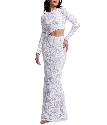 Dress the Population Candace Floral Sequin Mesh Round Neck Long Sleeve Cutout Gown