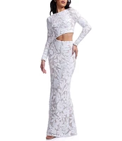 Dress the Population Candace Floral Sequin Mesh Round Neck Long Sleeve Cutout Gown