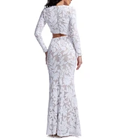 Dress the Population Candace Floral Sequin Mesh Round Neck Long Sleeve Cutout Gown