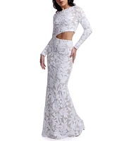 Dress the Population Candace Floral Sequin Mesh Round Neck Long Sleeve Cutout Gown