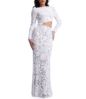 Dress the Population Candace Floral Sequin Mesh Round Neck Long Sleeve Cutout Gown