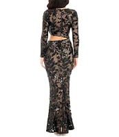 Dress the Population Candace Floral Sequin Mesh Round Neck Long Sleeve Cutout Gown