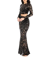 Dress the Population Candace Floral Sequin Mesh Round Neck Long Sleeve Cutout Gown