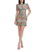 Dress the Population Chandler Floral Metallic Crew Neck Puff Sleeves Ruched Ruffle Bodycon Mini Dress