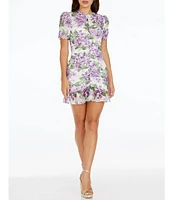 Dress the Population Chandler Floral Print Crew Neck Short Puff Sleeve Ruched Ruffle Hem Mini Dress