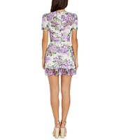 Dress the Population Chandler Floral Print Crew Neck Short Puff Sleeve Ruched Ruffle Hem Mini Dress