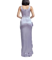 Dress the Population Charlene Square Neck Ruffle Front Satin Sheath Gown