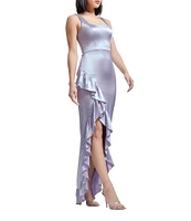 Dress the Population Charlene Square Neck Ruffle Front Satin Sheath Gown