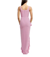 Dress the Population Charlene Square Neck Sleeveless Cascading Ruffle Side Slit Gown