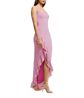Dress the Population Charlene Square Neck Sleeveless Cascading Ruffle Side Slit Gown