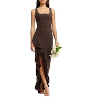 Dress the Population Charlene Square Neck Sleeveless Cascading Ruffle Side Slit Gown
