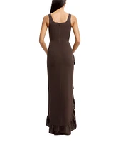Dress the Population Charlene Square Neck Sleeveless Cascading Ruffle Side Slit Gown