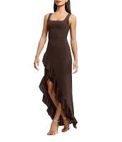 Dress the Population Charlene Square Neck Sleeveless Cascading Ruffle Side Slit Gown