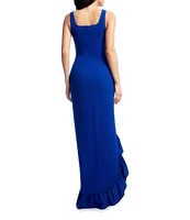 Dress the Population Charlene Square Neck Sleeveless Cascading Ruffle Side Slit Gown