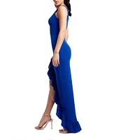 Dress the Population Charlene Square Neck Sleeveless Cascading Ruffle Side Slit Gown