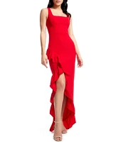 Dress the Population Charlene Square Neck Sleeveless Cascading Ruffle Side Slit Gown