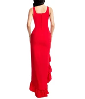 Dress the Population Charlene Square Neck Sleeveless Cascading Ruffle Side Slit Gown