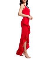 Dress the Population Charlene Square Neck Sleeveless Cascading Ruffle Side Slit Gown