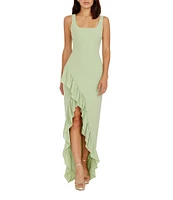 Dress the Population Charlene Square Neck Sleeveless Cascading Ruffle Side Slit Gown