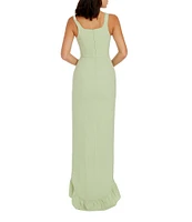 Dress the Population Charlene Square Neck Sleeveless Cascading Ruffle Side Slit Gown