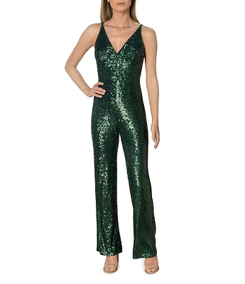 Dress the Population Charlie Plunging V-Neck Wide Leg Sequin Jumpsuit