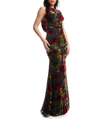 Dress The Population Cherilyn Floral Print Boat Neck Sleeveless Plunge Back Mermaid Maxi Dress