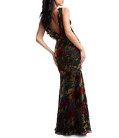 Dress The Population Cherilyn Floral Print Boat Neck Sleeveless Plunge Back Mermaid Maxi Dress