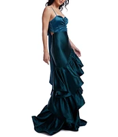 Dress the Population Clarice Satin Sweetheart Neck Sleeveless Bow Tie Back Ruffle Tiered Mermaid Dress