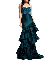 Dress the Population Clarice Satin Sweetheart Neck Sleeveless Bow Tie Back Ruffle Tiered Mermaid Dress