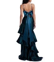 Dress the Population Clarice Satin Sweetheart Neck Sleeveless Bow Tie Back Ruffle Tiered Mermaid Dress