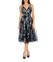 Dress the Population Courtney Sequin Leaf Print Plunge V-Neck Sleeveless Midi Dress