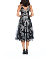 Dress the Population Courtney Sequin Leaf Print Plunge V-Neck Sleeveless Midi Dress