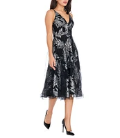 Dress the Population Courtney Sequin Leaf Print Plunge V-Neck Sleeveless Midi Dress