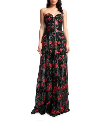 Dress the Population Daven Strapless Sweetheart Floral Print A-Line Gown