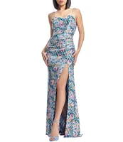 Dress the Population Drae Metallic Floral Print Sweetheart Neck Sleeveless Sheath Gown